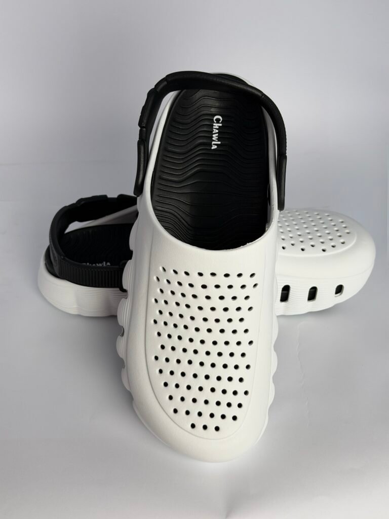 Chawla men's white ventilated clogs with black footbed and heel strap